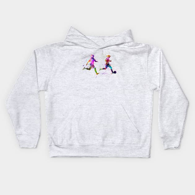 Girl playing soccer football player silhouette Kids Hoodie by PaulrommerArt